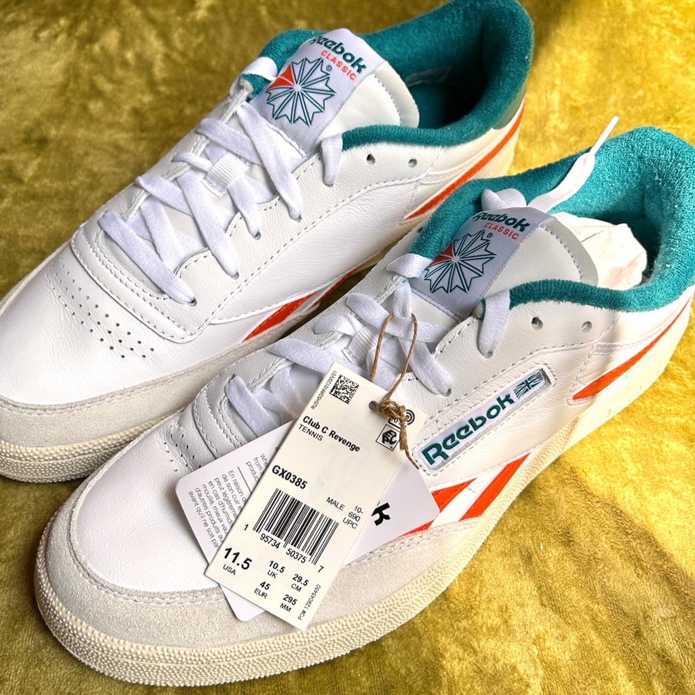 Men’s Miami Dolphins Reebok Club C Revenge Sneakers in White, Orange, and Teal